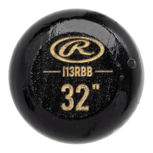 End view of a black baseball bat with gold Rawlings logo, I13RBB, and 32 marking.