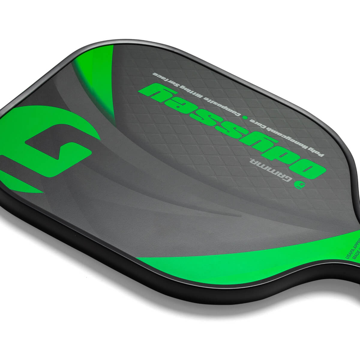 Top-down view of a gray pickleball paddle with green G logo and Odyssey text.
