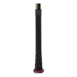 Bottom view of a black Louisville Slugger Meta BBCOR baseball bat with a maroon end cap and META text.