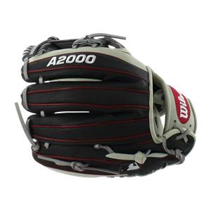 Side view of a black baseball glove with white A2000 branding and red stitching.