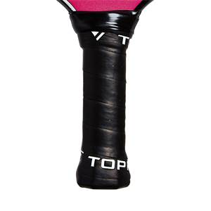 Close-up of a black pickleball paddle grip with white TOP text and a pink edge.