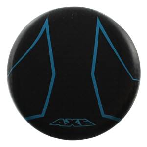 End view of a black baseball bat with blue geometric accents and AXE branding.
