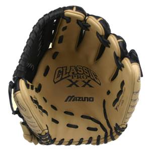 Top-down view of a tan baseball glove with black lacing and CLASSIC PRO XX branding.