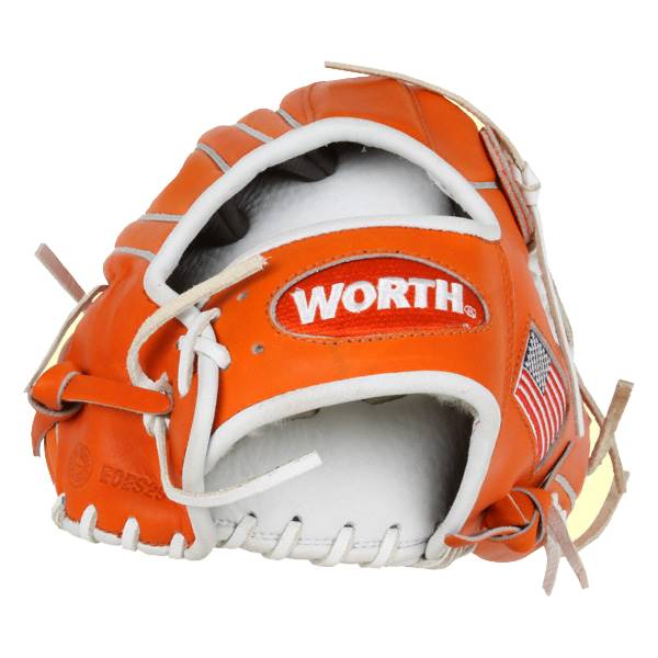 Front view of an orange baseball glove with a white interior, WORTH logo, and American flag detail.