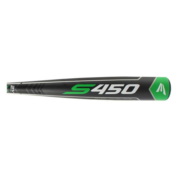 Side view of a black baseball bat with green S450 text and a green Easton logo.
