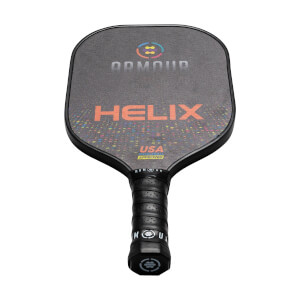 Front view of a black pickleball paddle with Armour HELIX branding and USA Approved label.