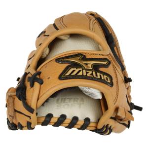 Front view of a tan baseball glove with black lacing and a Mizuno logo.