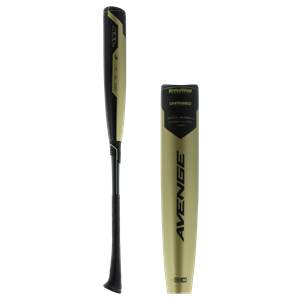Side view of a gold and black baseball bat with AVENGE text and HYPERWHIP label.