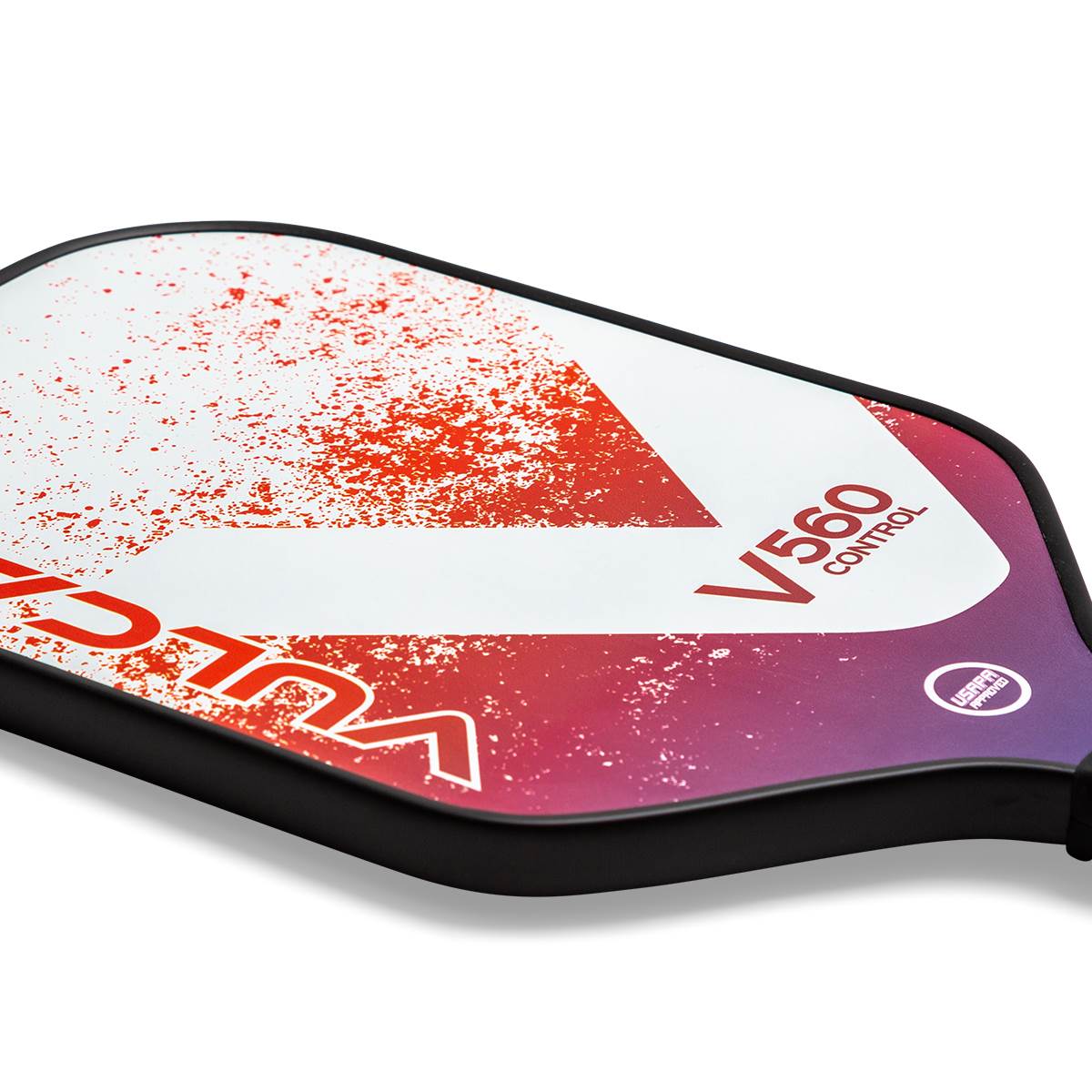 Corner view of a white and red pickleball paddle with V560 CONTROL text and USAPA approved logo.