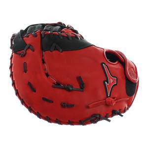 Side view of a red and black first base mitt with a white Mizuno logo and black lacing.
