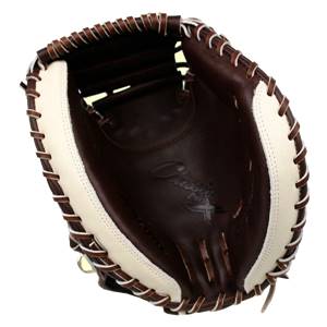 Top-down view of a brown and white catchers mitt with Classic Pro X embossed on the palm.