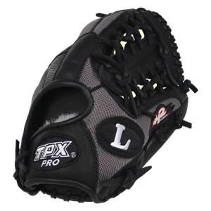 Front view of a black and gray baseball glove with TPX PRO and L logos.