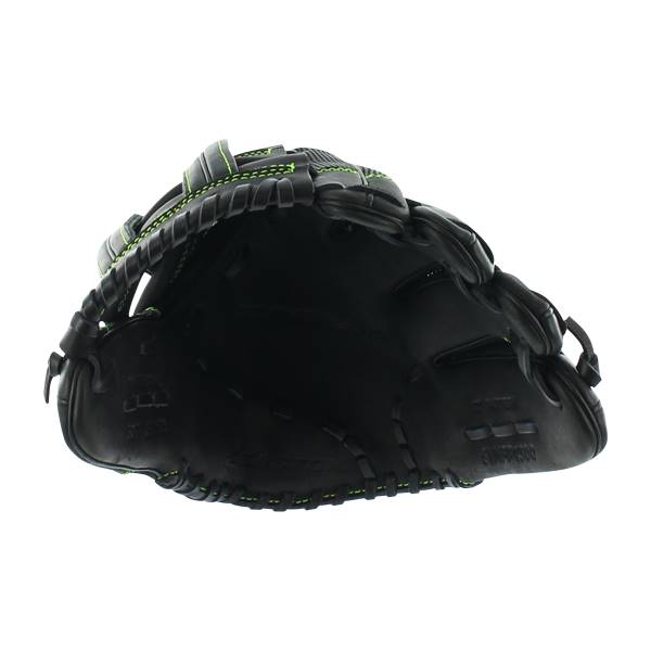 Top-down view of a black Easton Synergy softball glove with neon green stitching and a deep pocket.