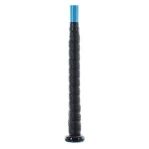 Close-up of a black baseball bat grip with a blue shaft and a black end cap.