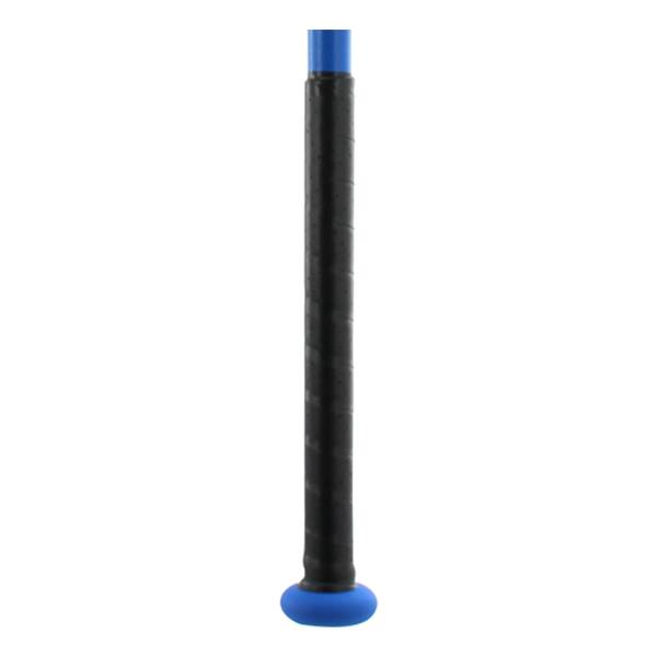Close-up of a black softball bat grip with a blue end cap and blue accent at the top.
