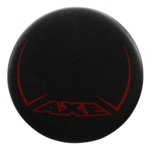 Top-down view of a black baseball bat with red AXE branding and curved red accents.