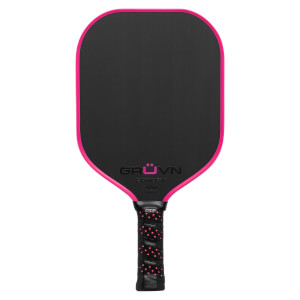 Front view of a black pickleball paddle with a pink edge, GRUVN logo, and pink polka-dot grip.