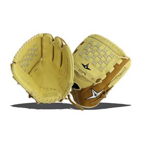 Front view of a tan fastpitch softball glove with ALL-STAR text and a white star logo.