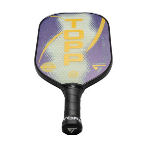 Front view of a purple and yellow pickleball paddle with TOPP logo and textured grip.
