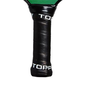 Close-up of a black pickleball paddle grip with white TOPP branding.