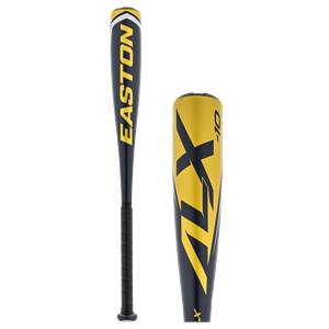Side view of a navy and gold baseball bat with EASTON and ALX -10 branding.
