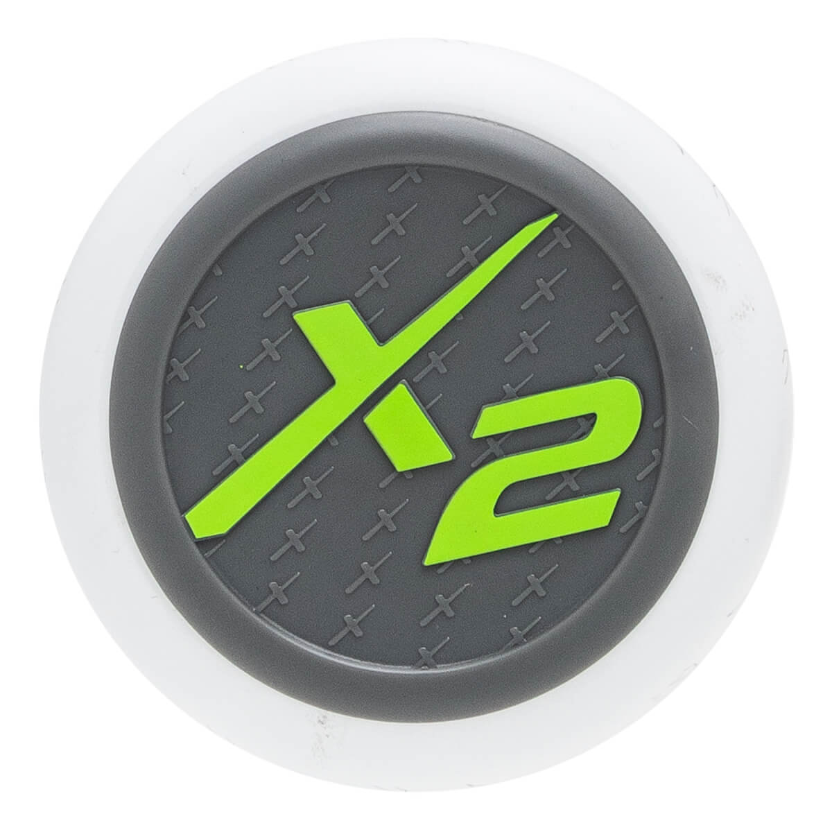 End cap view of the bat featuring a circular white rim and a textured gray center with a prominent neon green X2 logo.