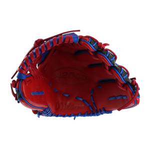 Top-down view of a red baseball glove with blue lacing, A2000 embossed, and Wilson logo.