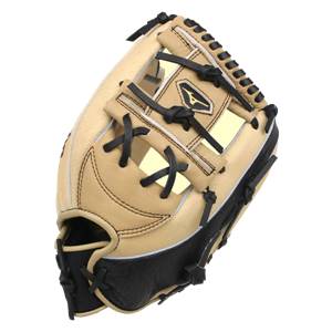 Top-down view of a tan and black baseball glove with black lacing and a Mizuno logo.