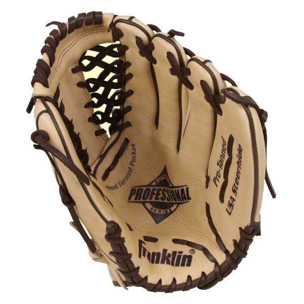 Top-down view of a tan baseball glove with dark brown lacing, Franklin logo, and Professional Series text.