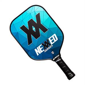Top-down view of a blue Nexxed Prime pickleball paddle with a geometric pattern and black grip.