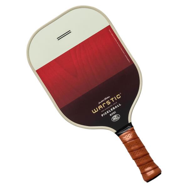 Top-down view of a cream and red Warstic pickleball paddle with a wood grain design and brown grip.