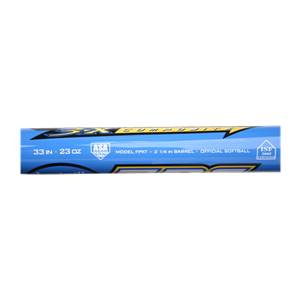 Close-up of a blue Louisville Slugger bat with 33 IN 23 OZ, ASA CERTIFIED, MODEL FPXT, and ISF 2005 text.