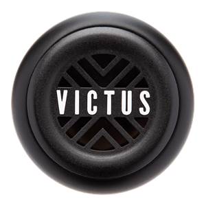 End view of a black baseball bat with a textured cap and white VICTUS text.