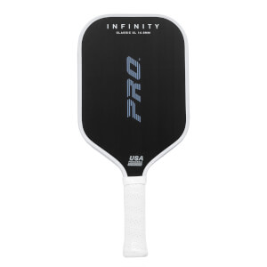 Front view of a black pickleball paddle with INFINITY, CLASSIC XL 16.8MM, and PRO. text.