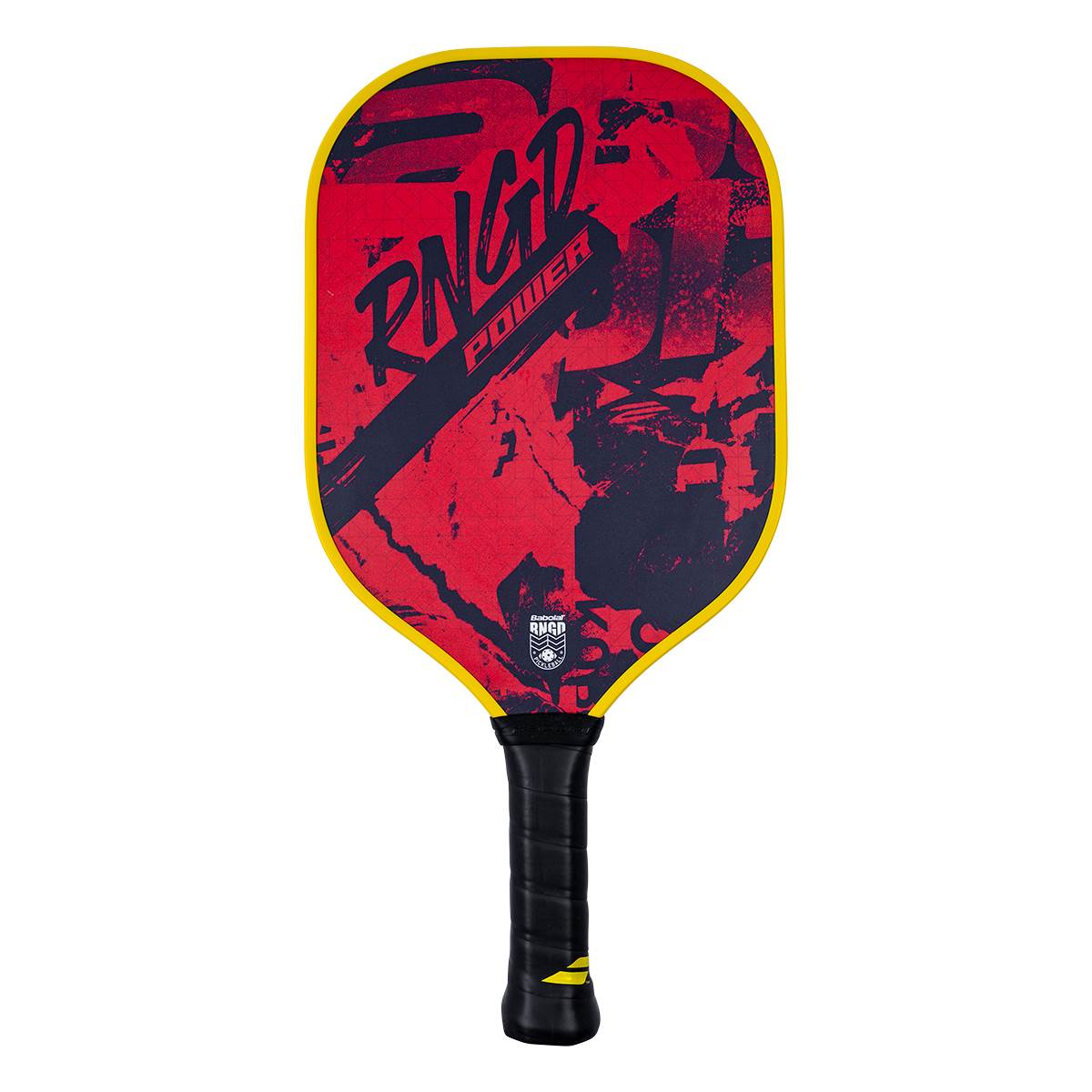 Front view of a red pickleball paddle with RNGD POWER text and a yellow border.