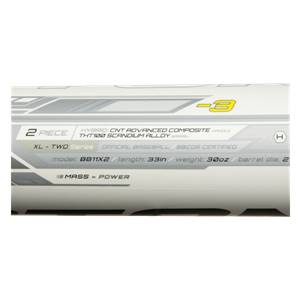 Side view of a white baseball bat with XL2, -3, MASS = POWER, and model/length/weight details.