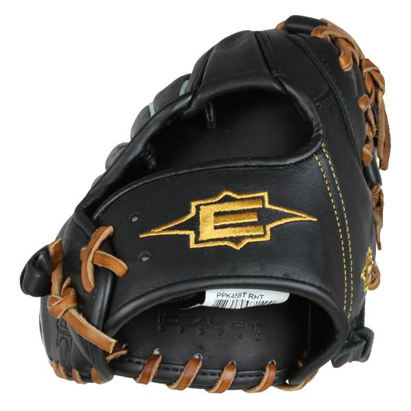 Side view of a black baseball glove with a gold Easton logo and tan lacing.