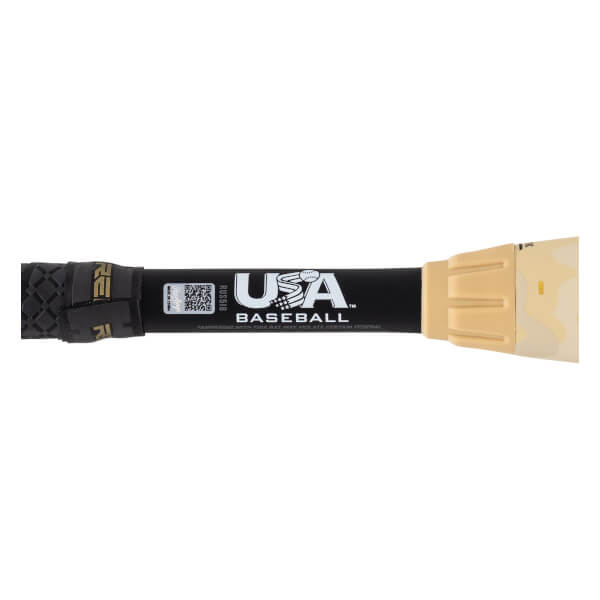 Close-up of a black baseball bat with USA Baseball logo and tan end cap.