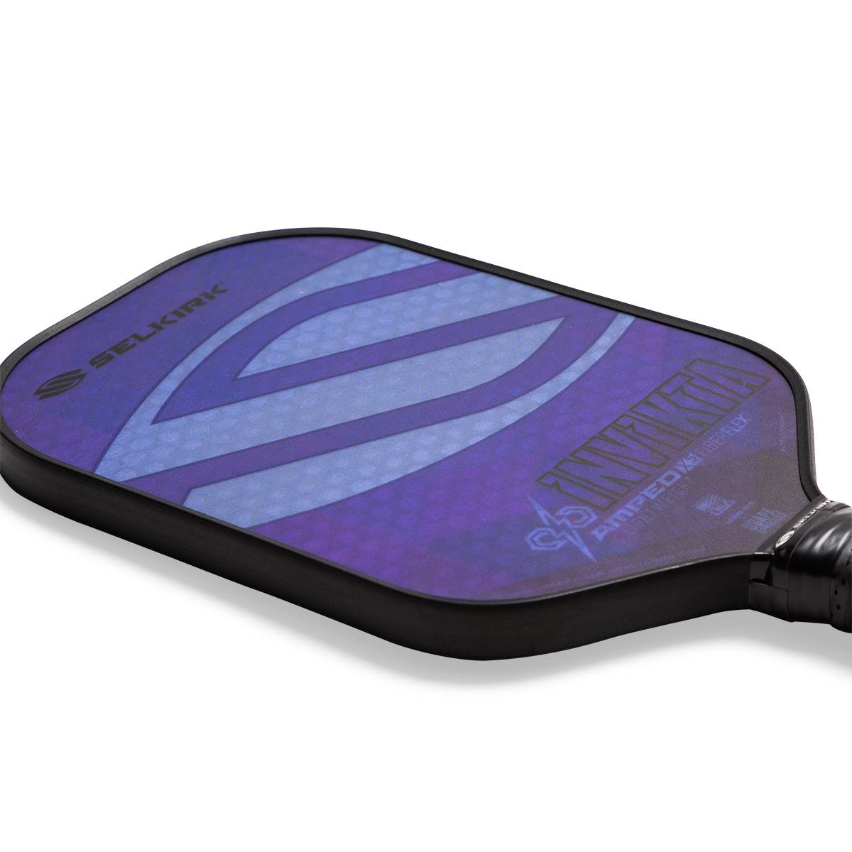 Top-down view of a purple pickleball paddle with Selkirk and Invikta branding.