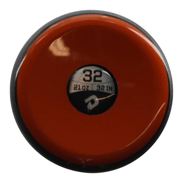 Top-down view of an orange baseball bat with a black end cap showing 32, 21 OZ, 32 IN, and a DeMarini logo.