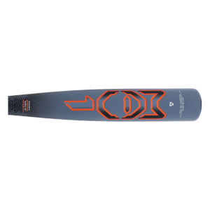 Side view of a gray baseball bat with a large orange MAV1 graphic, a black patterned grip, and white text.