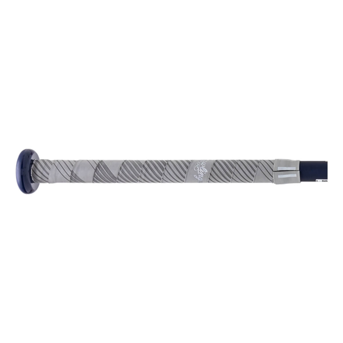 Close-up of a gray softball bat handle with diagonal dark gray stripes, a dark blue knob, and Rawlings text.