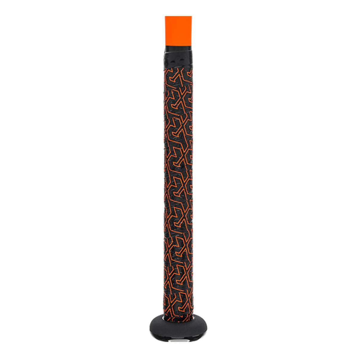 Close-up of a black baseball bat grip with orange geometric pattern and orange end cap.