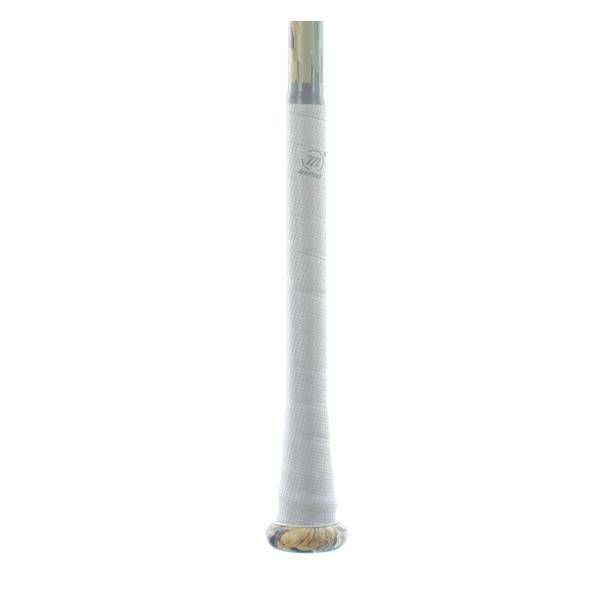 Close-up of a white grip on a Marucci baseball bat with a wood-grain end cap.