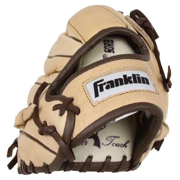 Top-down view of a tan baseball glove with brown lacing and a white Franklin logo.