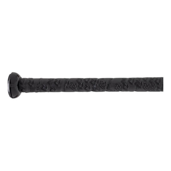 Close-up of black bat handle with an embossed repeating pattern and the visible knob.