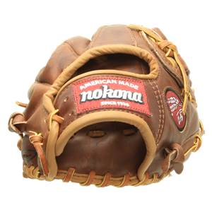 Front view of a brown leather baseball glove with a red Nokona patch and yellow lacing.