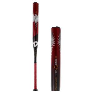 Side view of a red and black DeMarini FNX bat with a silver phoenix graphic and red grip.