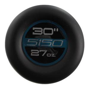 End cap view of a black baseball bat with 30 5150 27oz text.