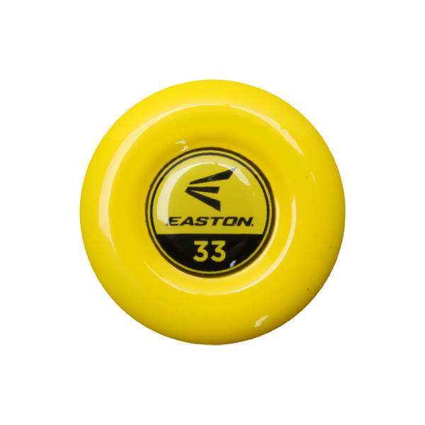 End view of a yellow baseball bat with the Easton logo and the number 33.